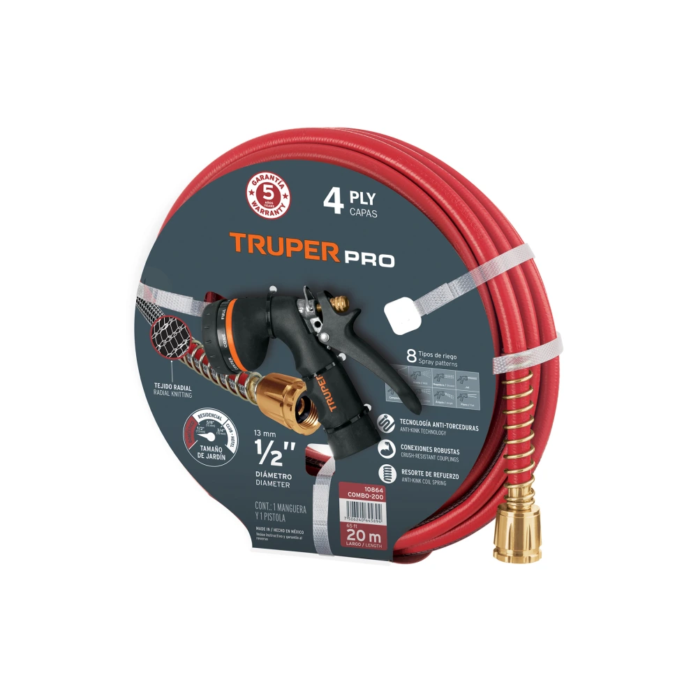 10864 COMBO MANGUERA MAN-20X1/2X Y PISTOLA DE RIEGO PR-208, TRUPER
