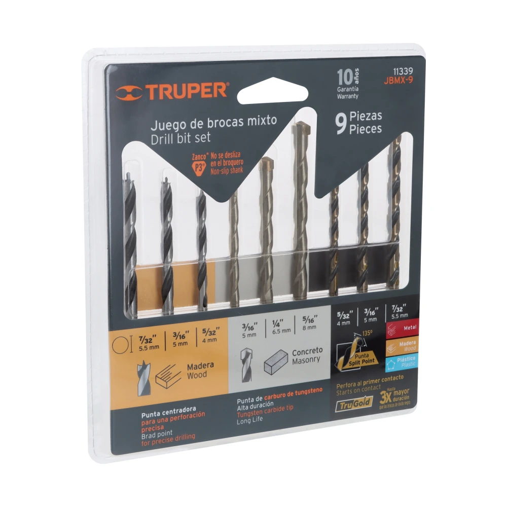 [JBMX-9] 11339 JUEGO DE 9 BROCAS PARA METAL, CONCRETO Y MADERA, TRUPER