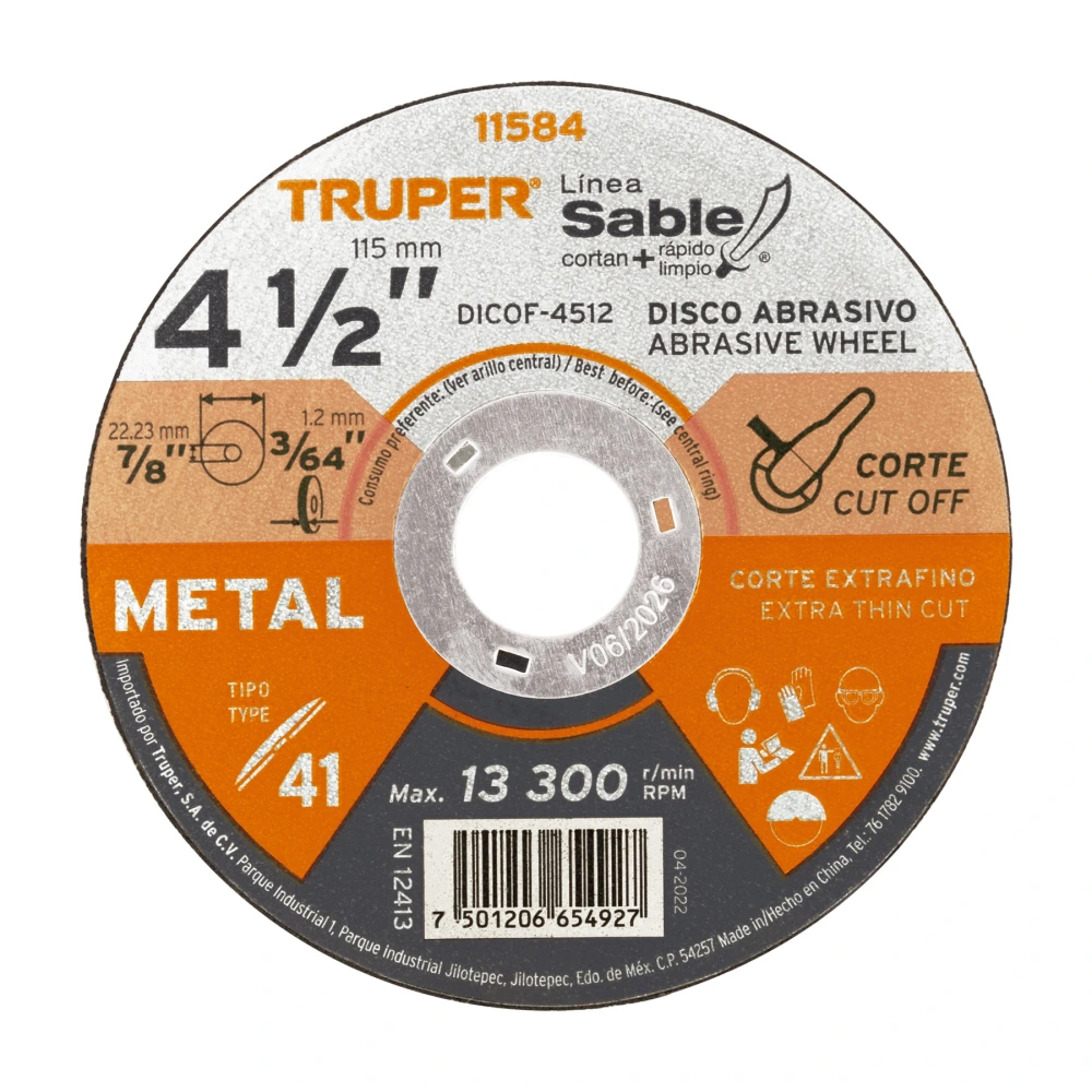 [DICOF-4512] 11584 DISCO ABRASIVO DE CORTE PRECISO METAL 4-1/2' X 1.2 MM,TRUPER
