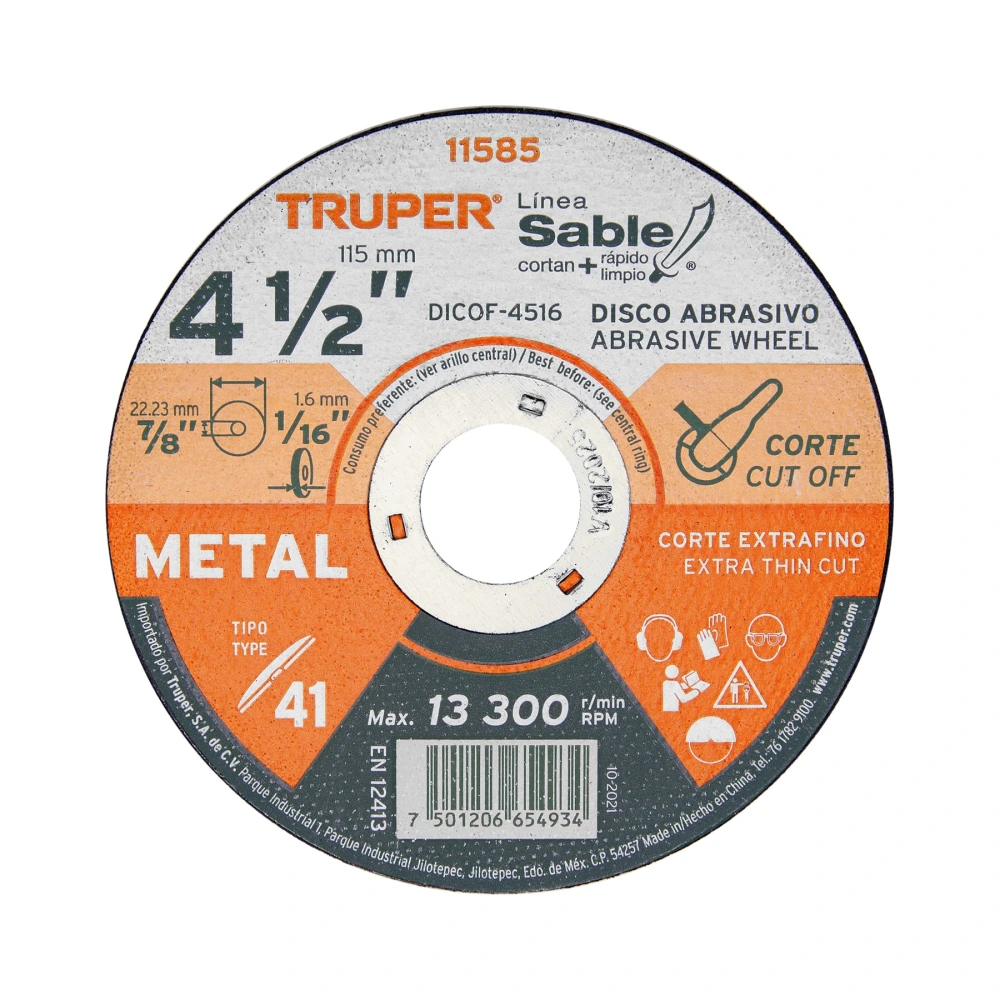 [DICOF-4516] 11585 DISCO ABRASIVO DE CORTE PRECISO METAL 4-1/2' X 1.6 MM TRUPER