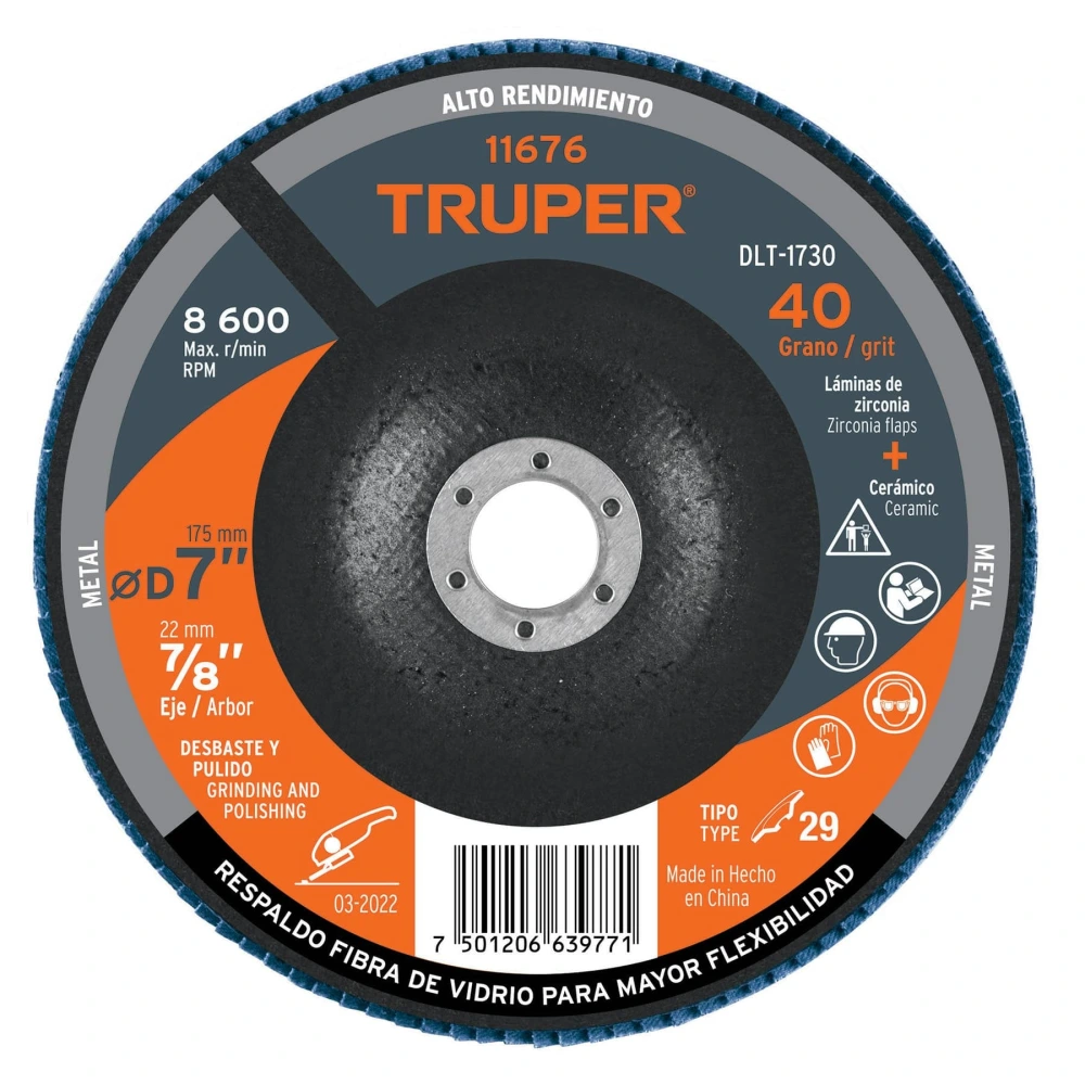 [DLT-1730] 11676 DISCO LAMINADO 7', GRANO 40 CENTRO 7/8', FIBRA, TRUPER