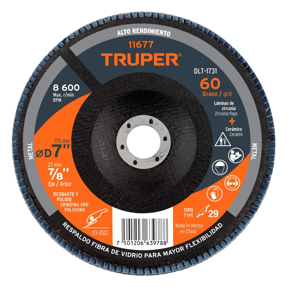[DLT-1731] 11677 DISCO LAMINADO 7', GRANO 60 CENTRO 7/8', FIBRA, TRUPER