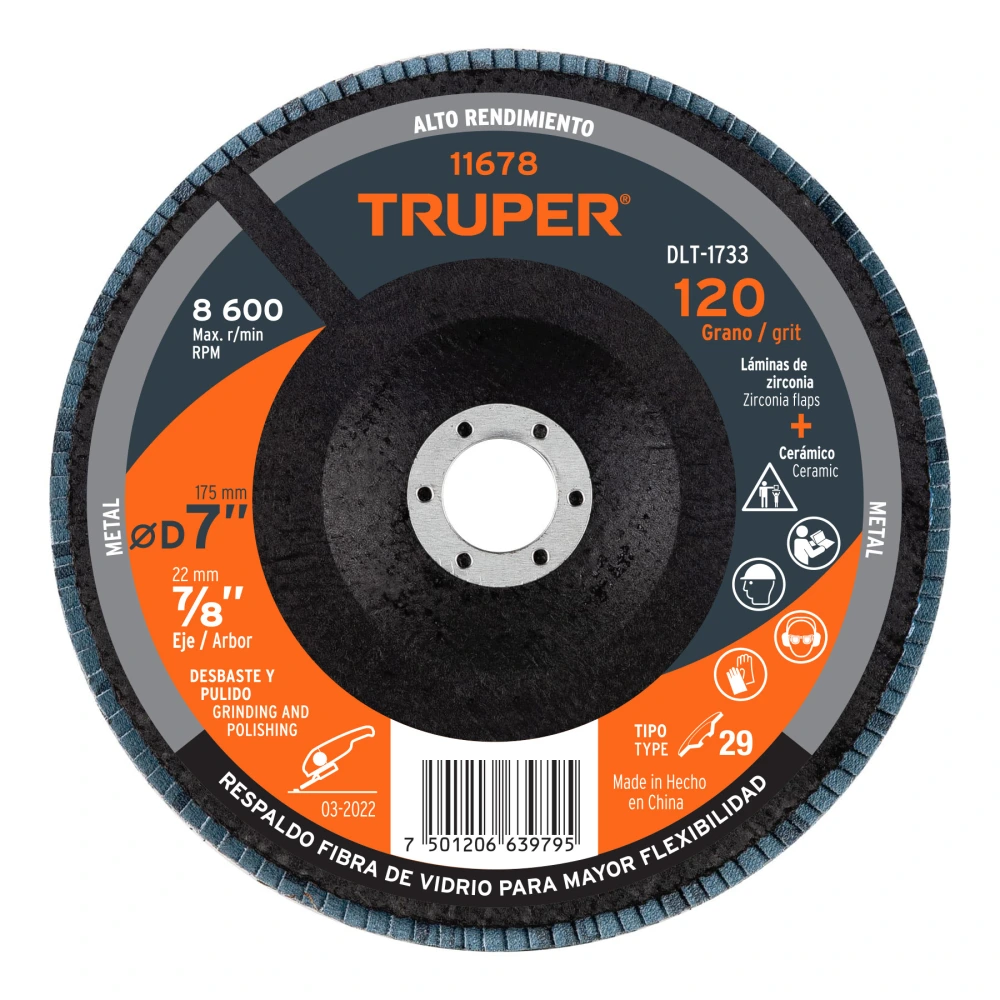 [DLT-1733] 11678 DISCO LAMINADO 7', GRANO 120 CENTRO 7/8', FIBRA, TRUPER