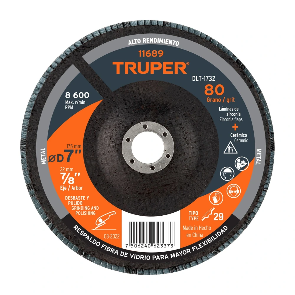 [DLT-1732] 11689 DISCO LAMINADO 7', GRANO 80 CENTRO 7/8', FIBRA, TRUPER