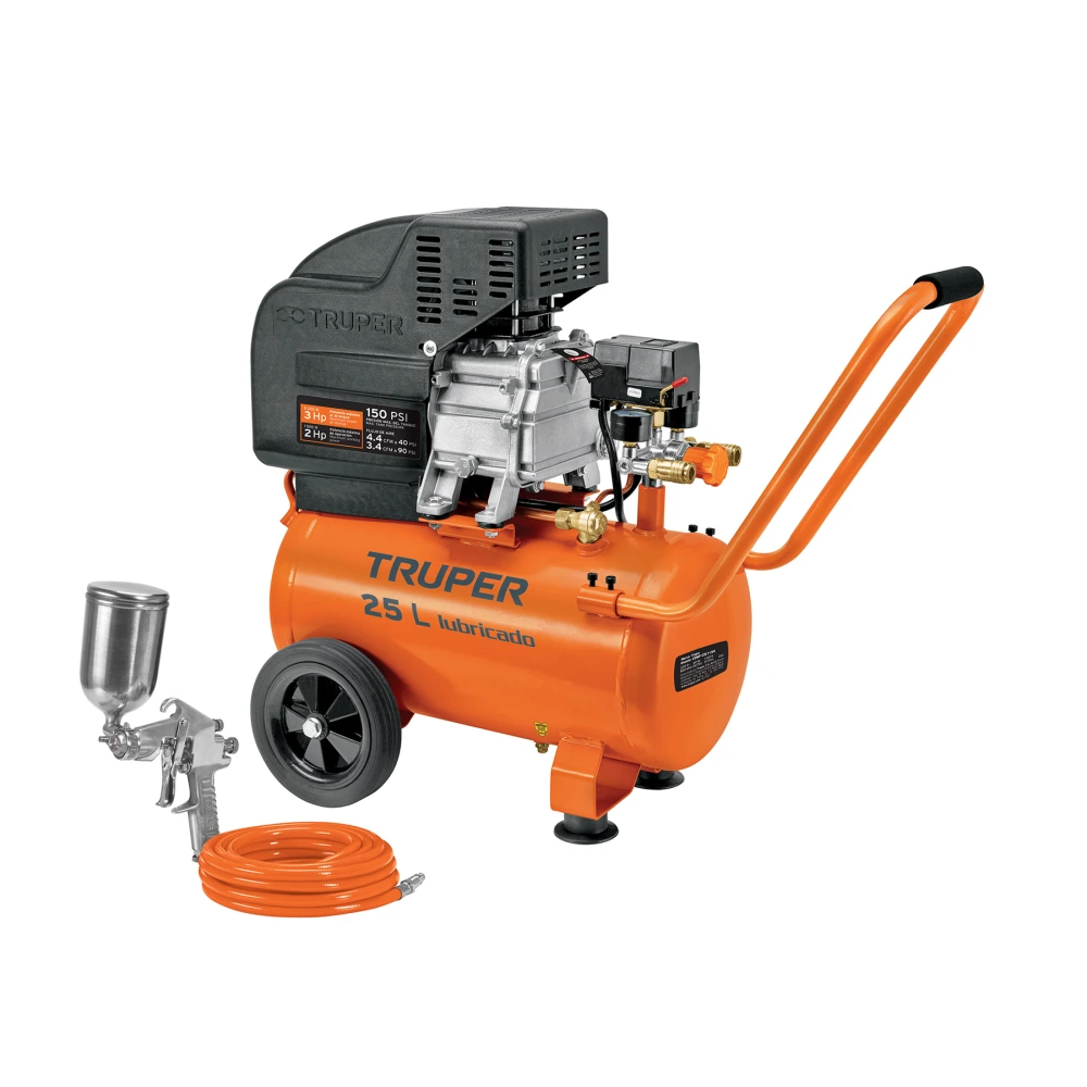100300 KIT COMPRESOR LUB, 25L, MANGUERA Y PISTOLA GRAV,127V, TRUPER