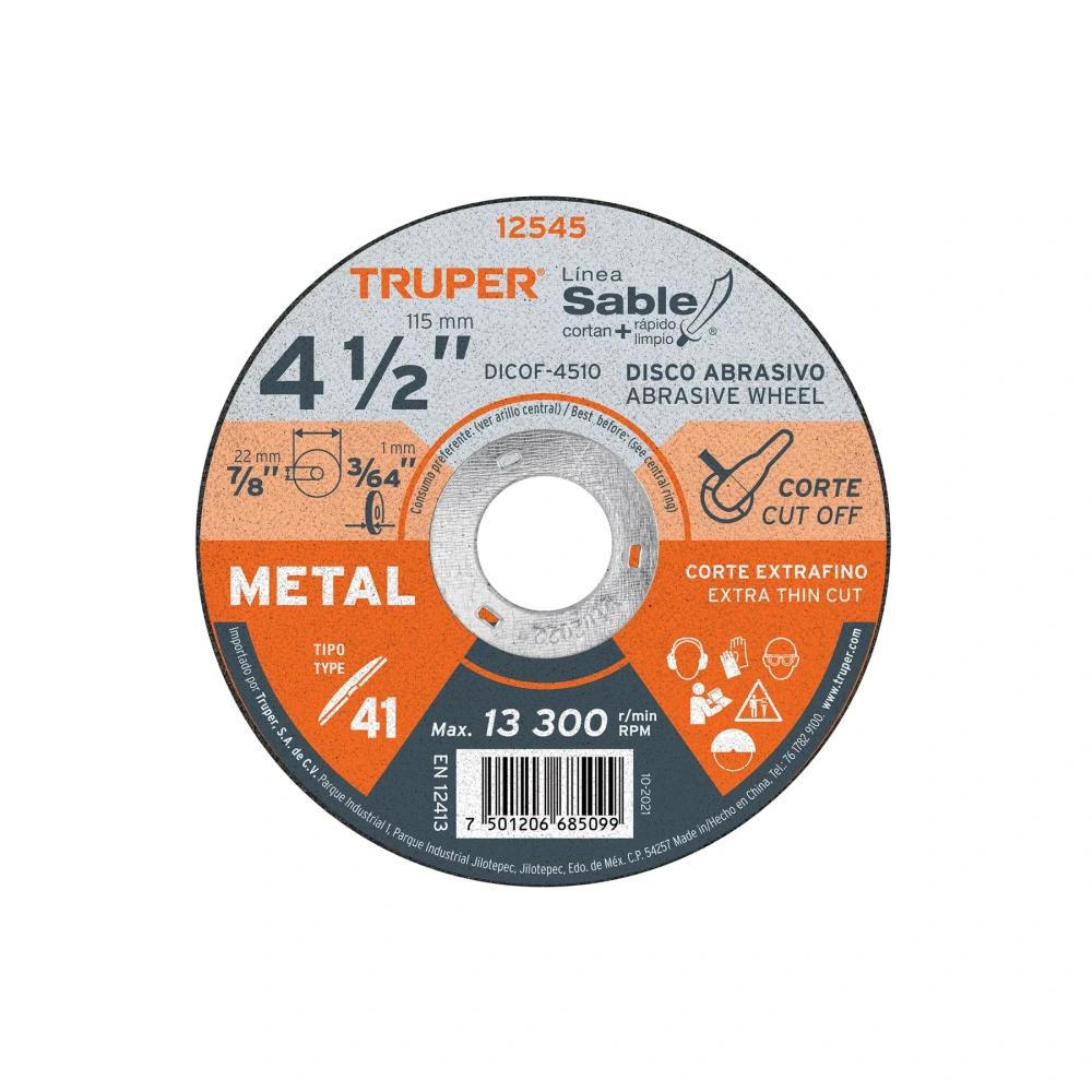 [DICOF-4510] 12545 DISCO ABRASIVO DE CORTE PRECISO METAL 4-1/2' X 1 MM, TRUPER