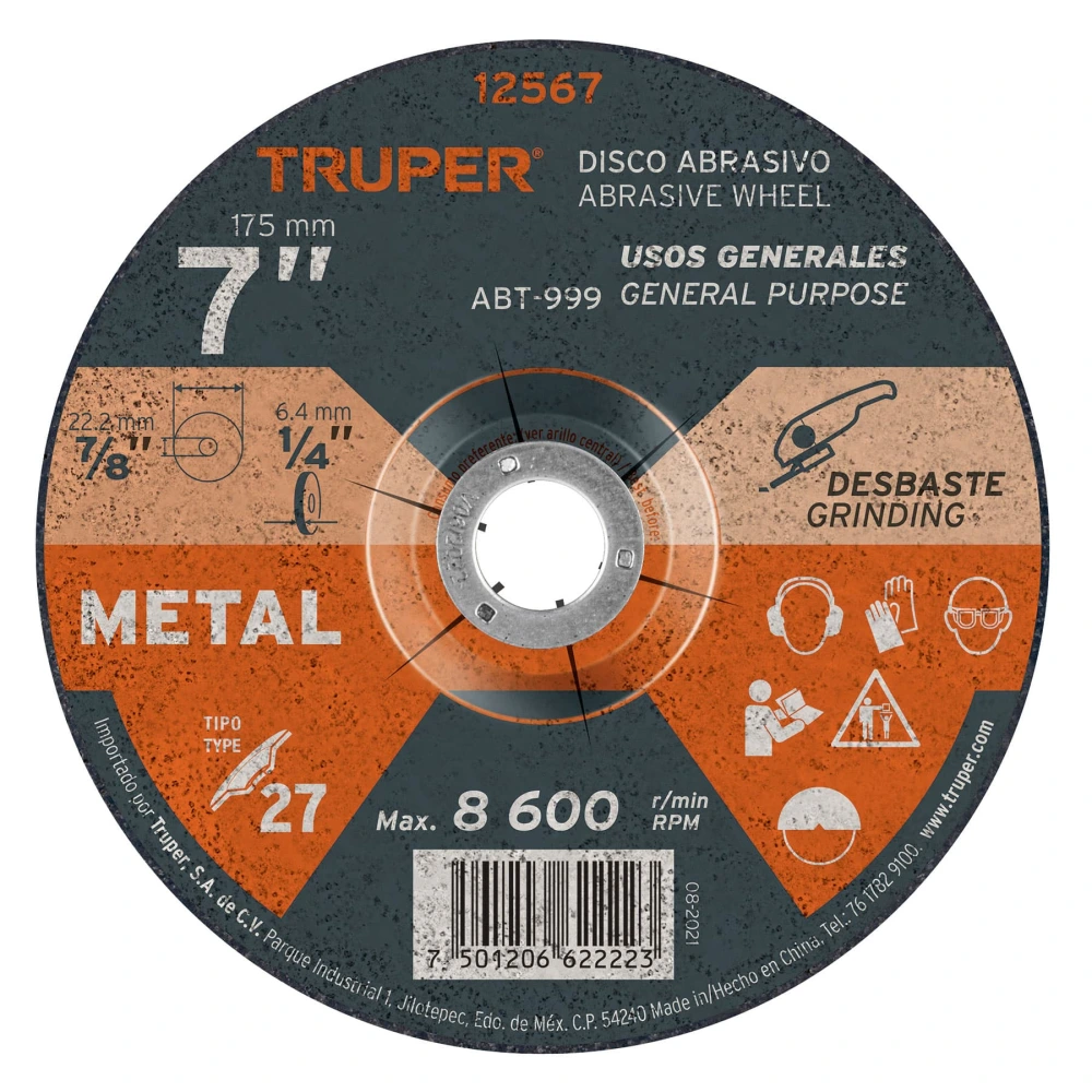 [ABT-999] 12567 DISCO TIPO 27 DE 7' X 6.4 MM PARA DESBASTE DE METAL, TRUPER