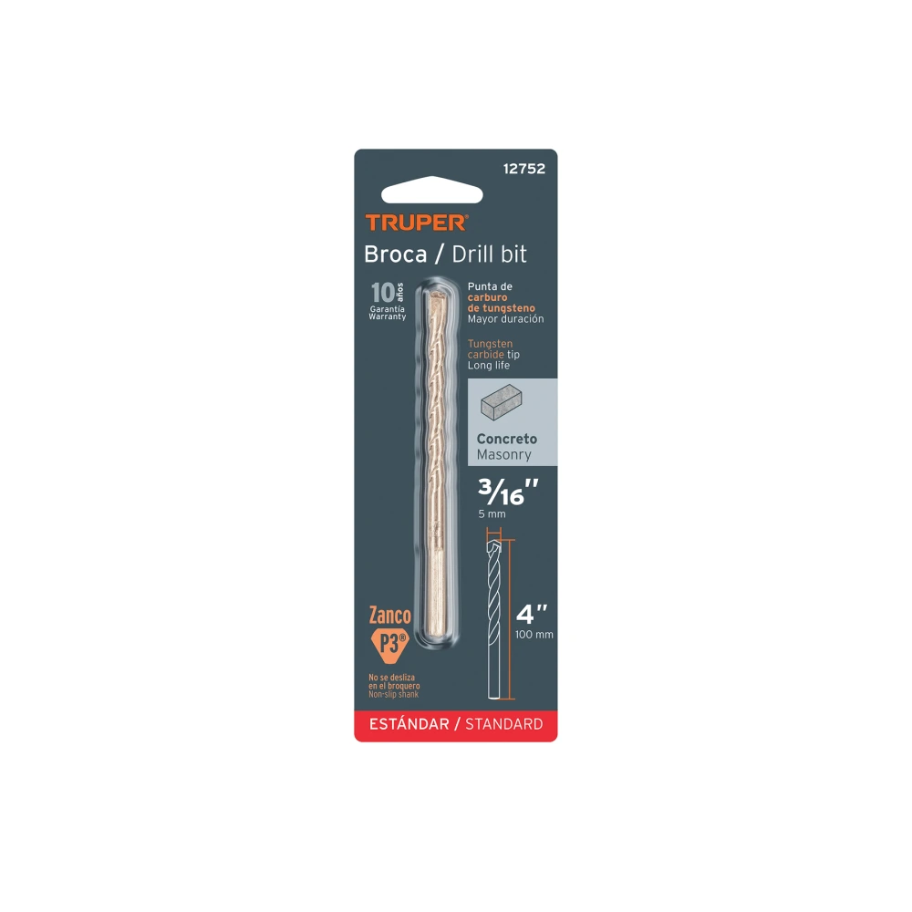 [BCT-3/16X4-B] 12752 BROCA PARA CONCRETO DE 3/16 X 4' EN BLÍSTER, TRUPER