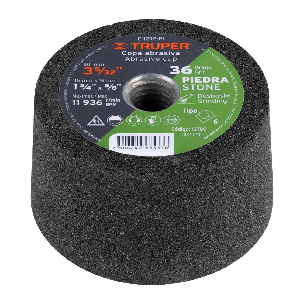 [C-1292-PI] 13780 COPA DESBASTE DE PIEDRA 3-5/32' GRANO 36, EJE 5/8-11, TRUPER