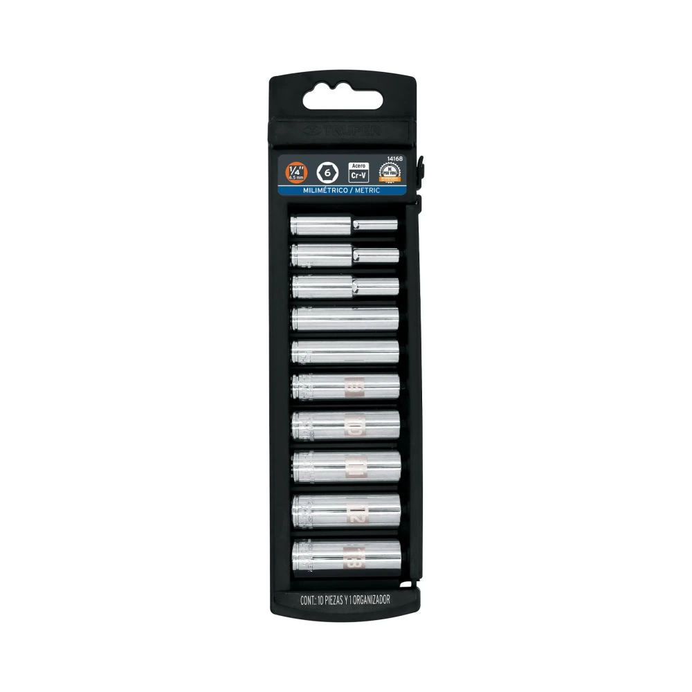 [JD-1/4X10LM] 14168 JUEGO DE 10 DADOS LARGOS CUADRO 1/4' MM, TRUPER
