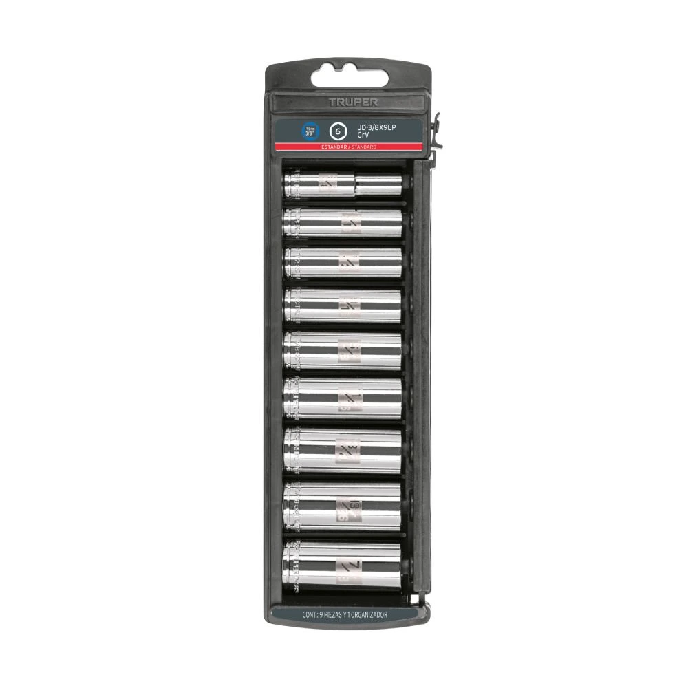 [JD-3/8X9LP] 14172 JUEGO DE 9 DADOS LARGOS CUADRO 3/8' STD, TRUPER