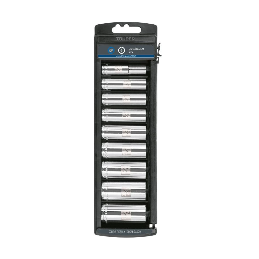 [JD-3/8X9LM] 14173 JUEGO DE 9 DADOS LARGOS CUADRO 3/8' MM, TRUPER
