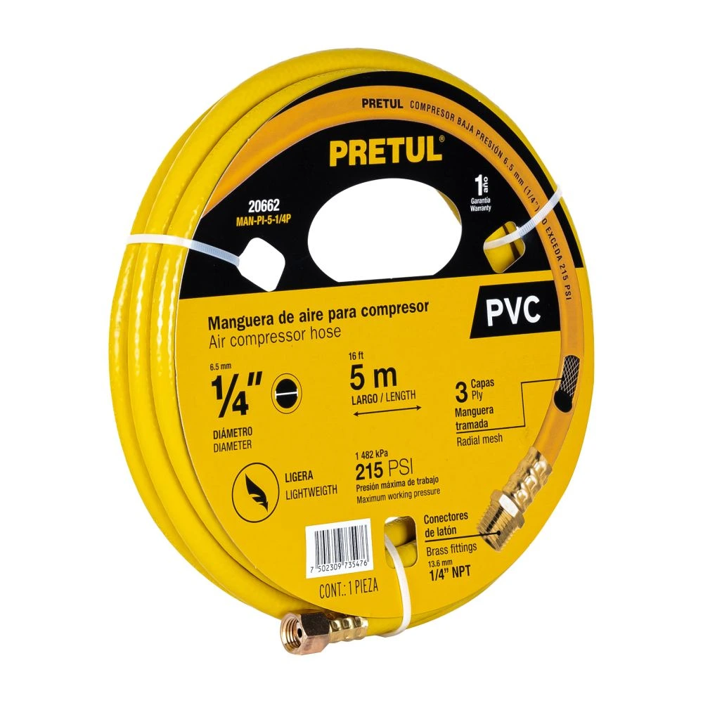 20662 MANGUERA PARA COMPRESOR, DE PVC, 5M X 1/4', PRETUL