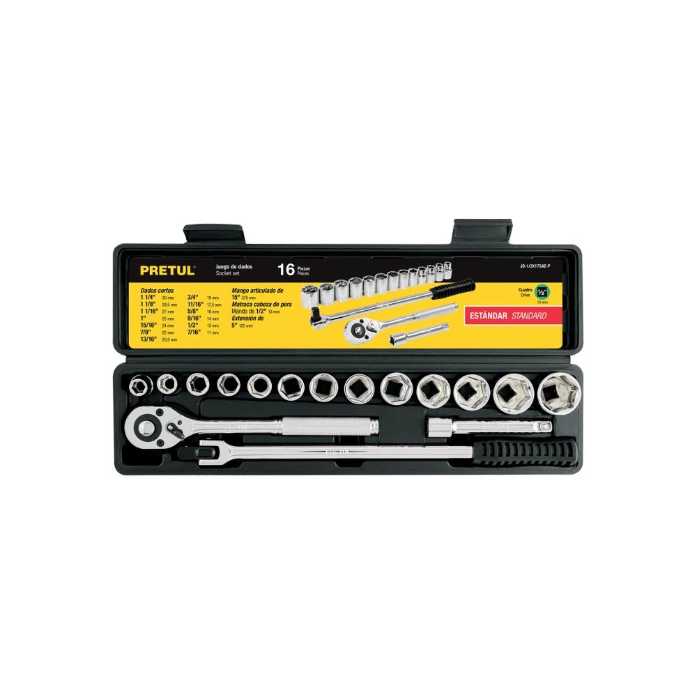[JD-1/2X17SAE-P] 21172 JUEGO DE 16 HERRAMIENTAS 1/2' STD PARA MECÁNICO, PRETUL