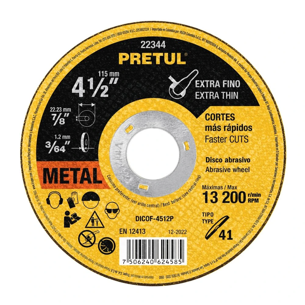 22344 DISCO ABRASIVO DE CORTE PRECISO METAL 4-1/2' X 1.2 MM PRETUL