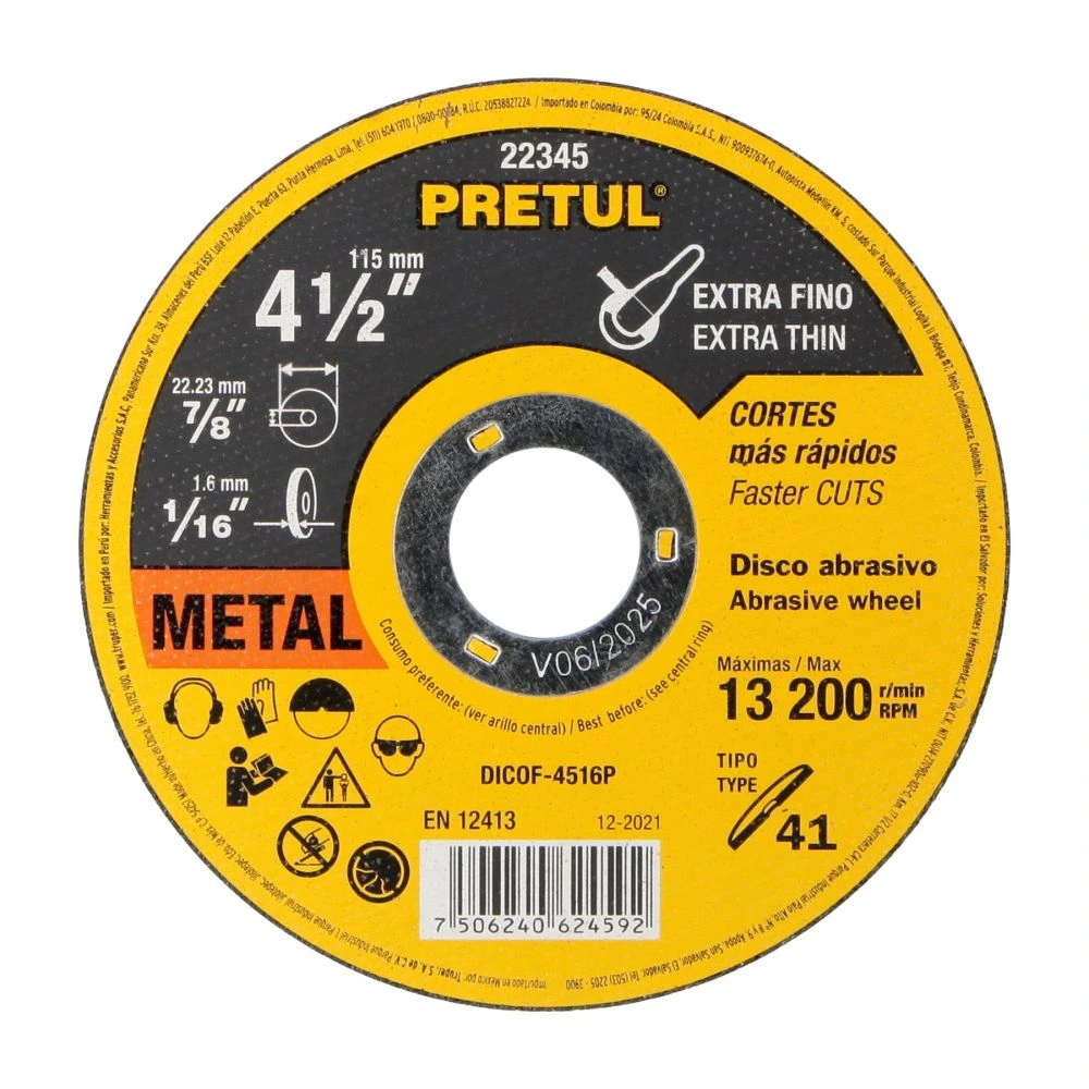 22345 DISCO ABRASIVO DE CORTE PRECISO METAL 4-1/2' X 1.6 MM PRETUL