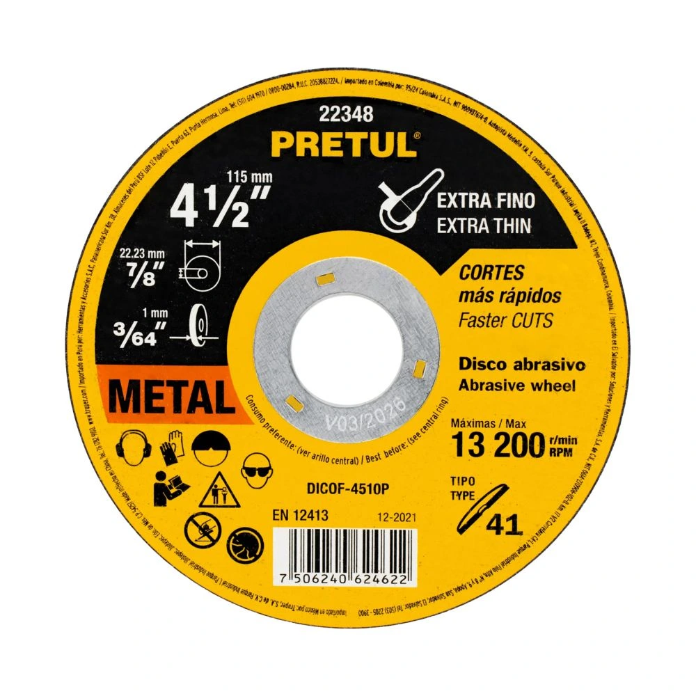 22348 DISCO ABRASIVO DE CORTE PRECISO METAL 4-1/2' X 1 MM, PRETUL