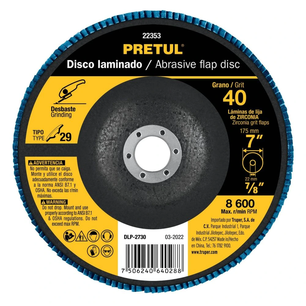 22353 DISCO LAMINADO 7', GRANO 40 CENTRO 7/8', FIBRA, PRETUL