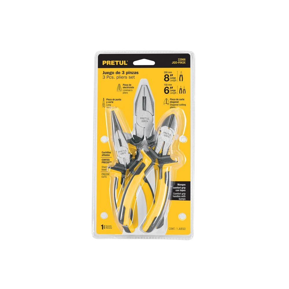 22966 JUEGO DE 3 PINZAS 3 MANGO COMFORT GRIP, PRETUL