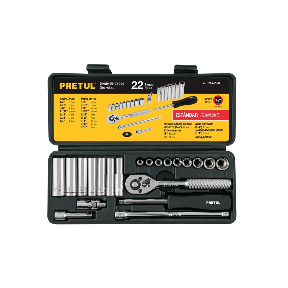 [JD-1/4X22SAE-P] 23981 JUEGO DE 22 HERRAMIENTAS 1/4' STD PARA MECÁNICO, PRETUL