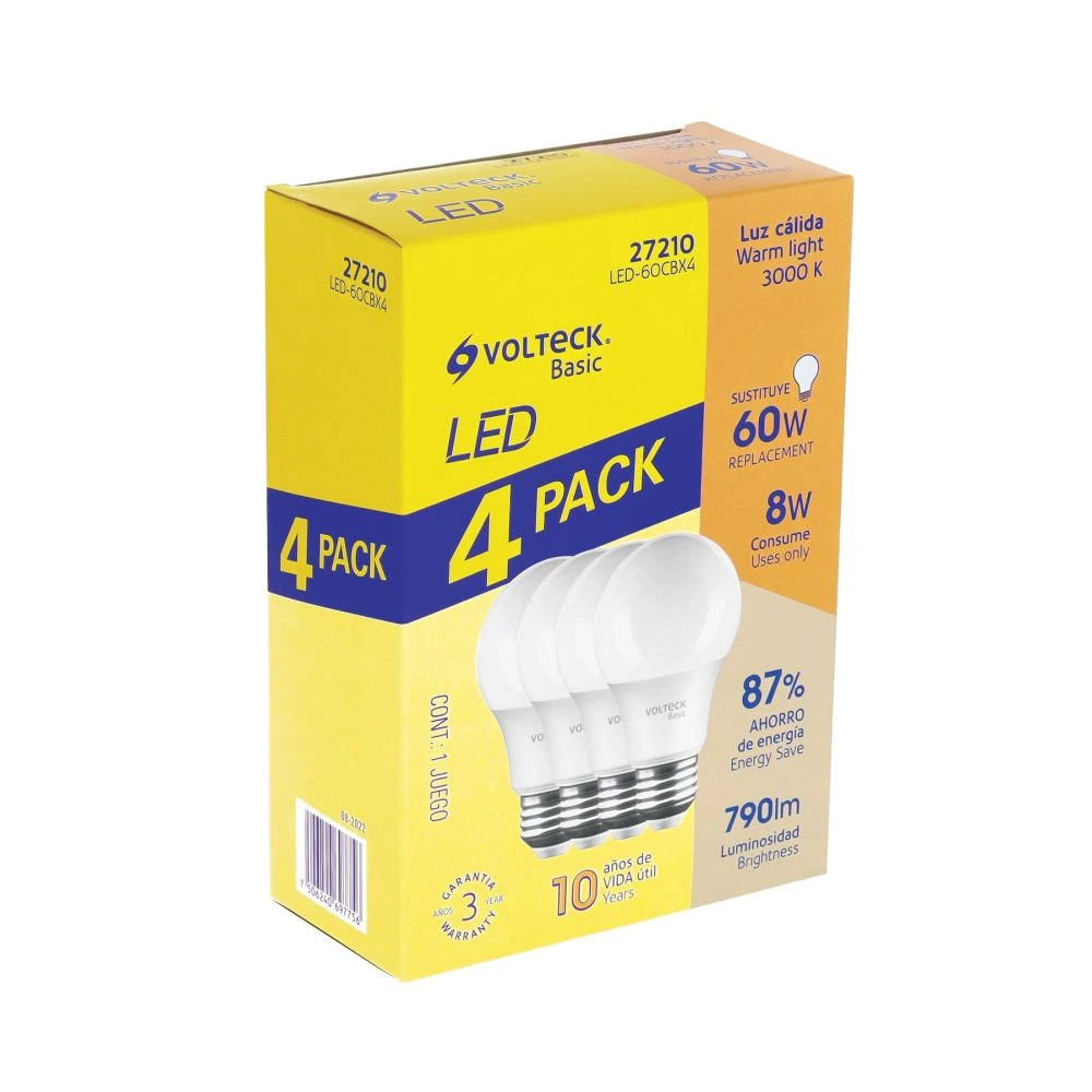 27210 PACK 4 FOCOS LED 8W (60W) A19, 3000K CÁLIDA, 790 LM, BASIC
