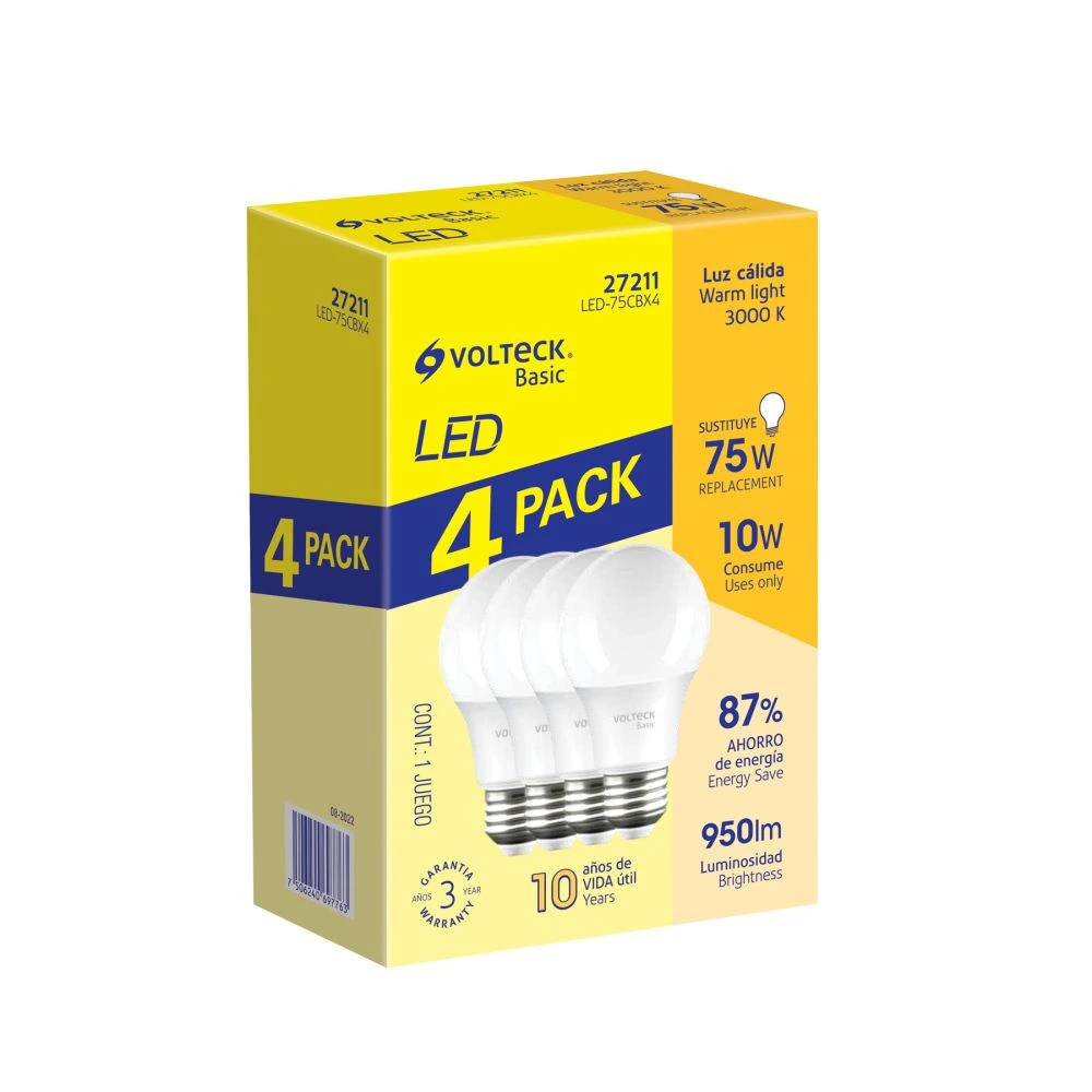 27211 PACK 4 FOCOS LED 10W (75W) A19, 3000K CÁLIDA, 950 LM, BASIC