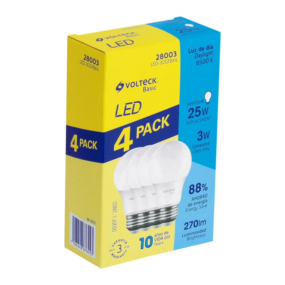 28003 PACK 4 FOCOS LED 3W (25W) G45, 6500K FRÍA, 270 LM, BASIC