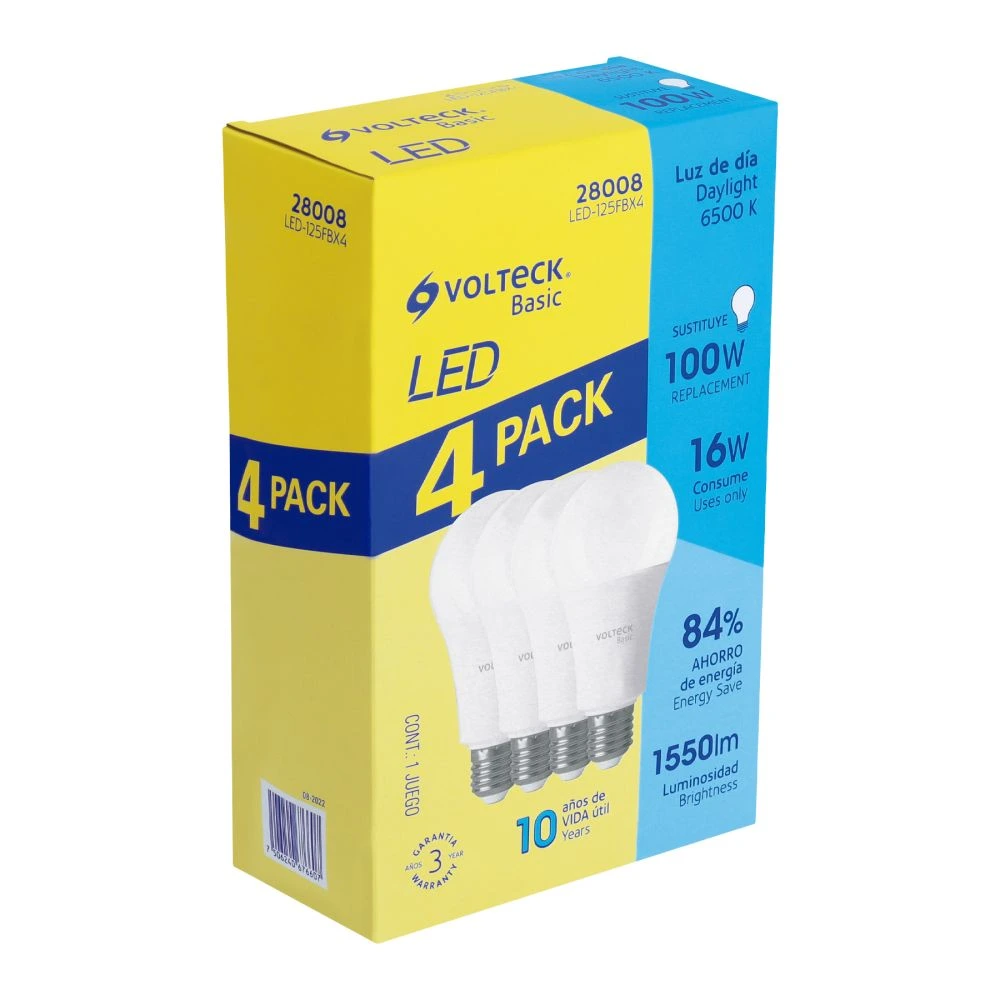 28008 PACK 4 FOCOS LED 16W (100W) A22, 6500K FRÍA, 1550 LM, BASIC