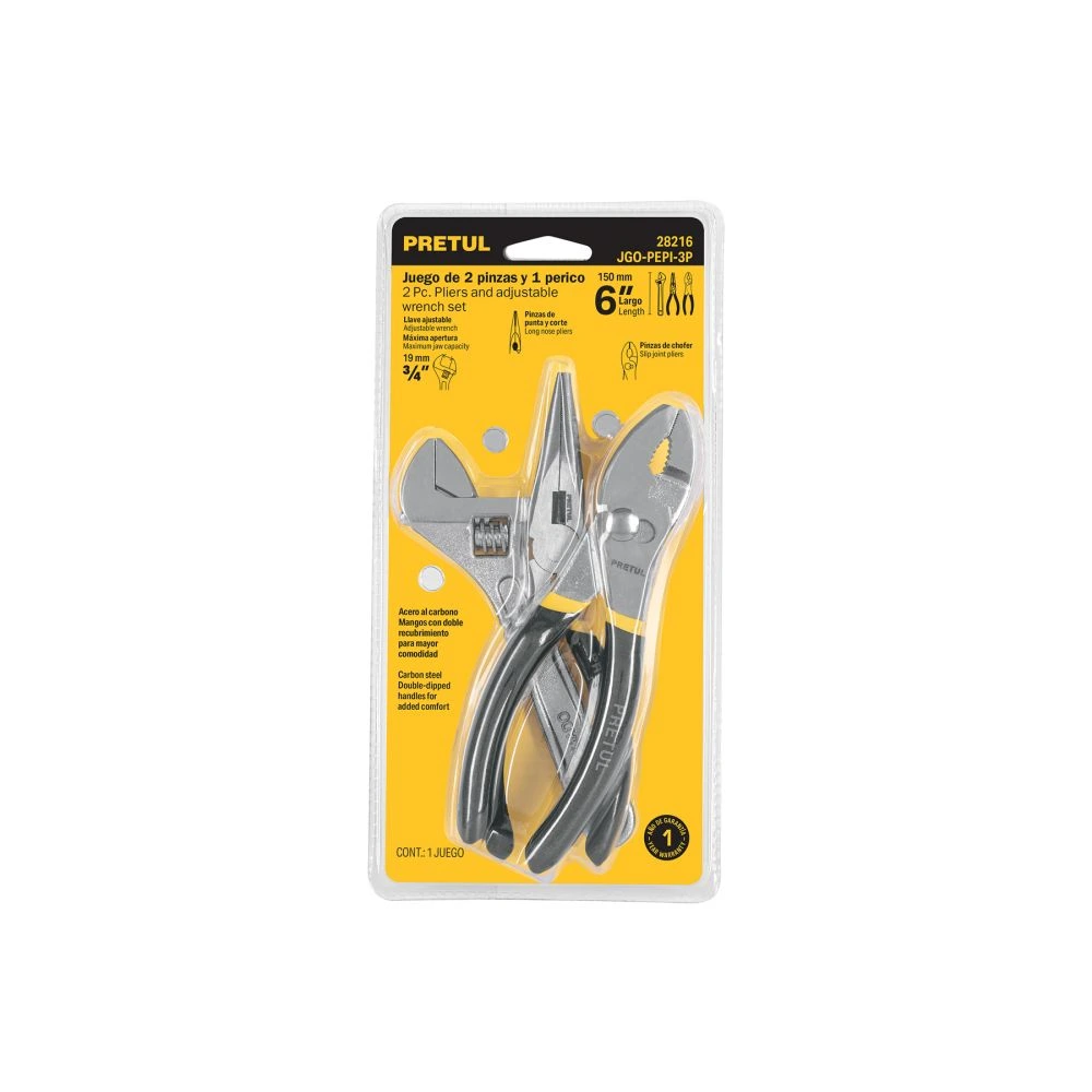 28216 JUEGO DE 2 PINZAS Y 1 LLAVE AJUSTABLE, MANGOS DE PVC, PRETUL