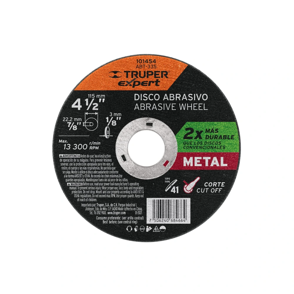 101454 DISCO PARA CORTE DE METAL 4-1/2' TIPO 41, TRUPER EXPERT