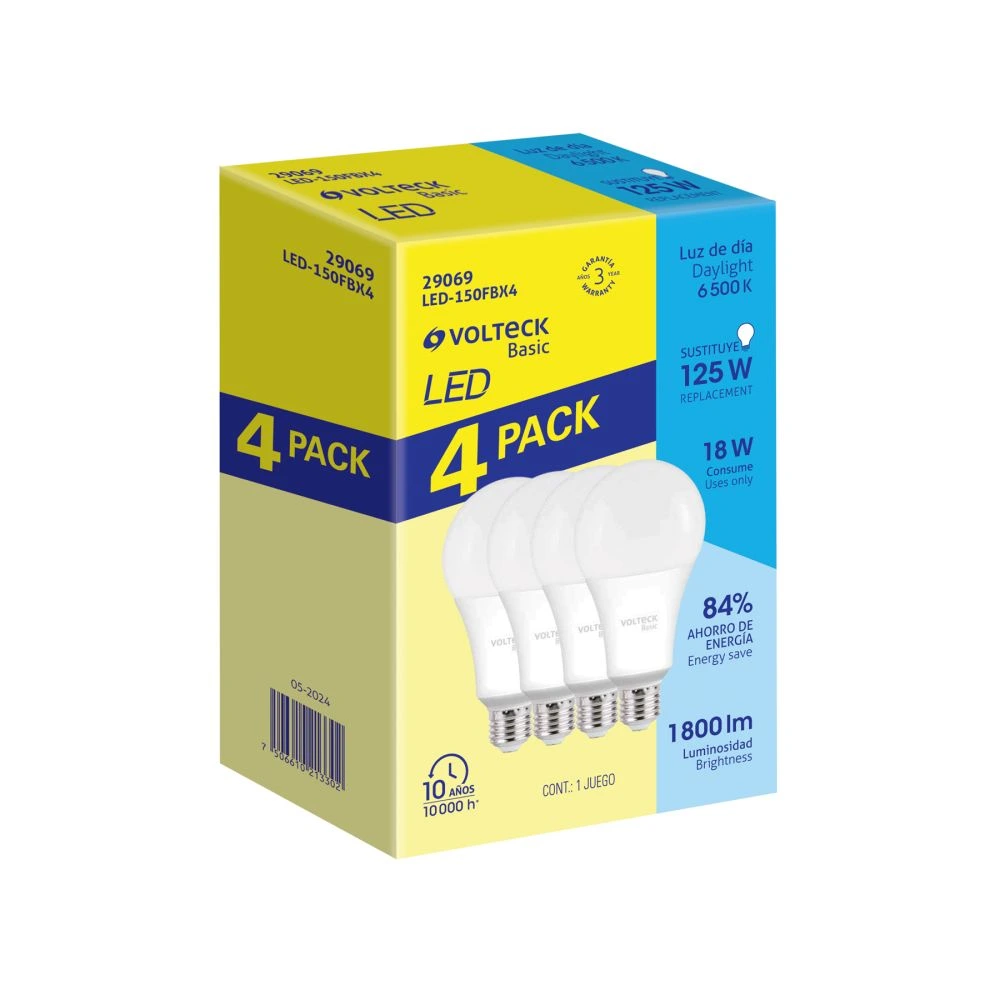 29069 PACK 4 FOCOS LED 18W (125W) A25, 6500K FRÍA, 1800 LM, BASIC