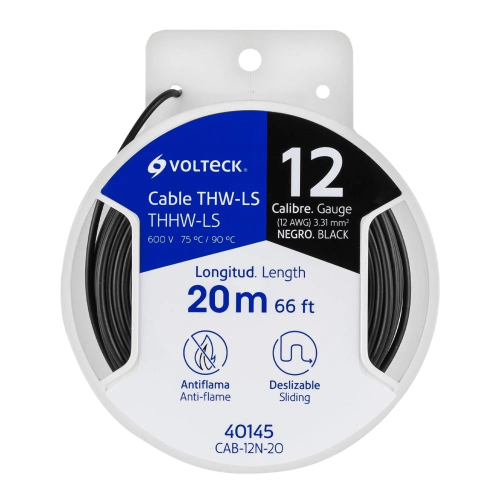 [CAB-12N-20] 40145 CARRETE CON 20 M DE CABLE THHW-LS 12 AWG NEGRO, VOLTECK