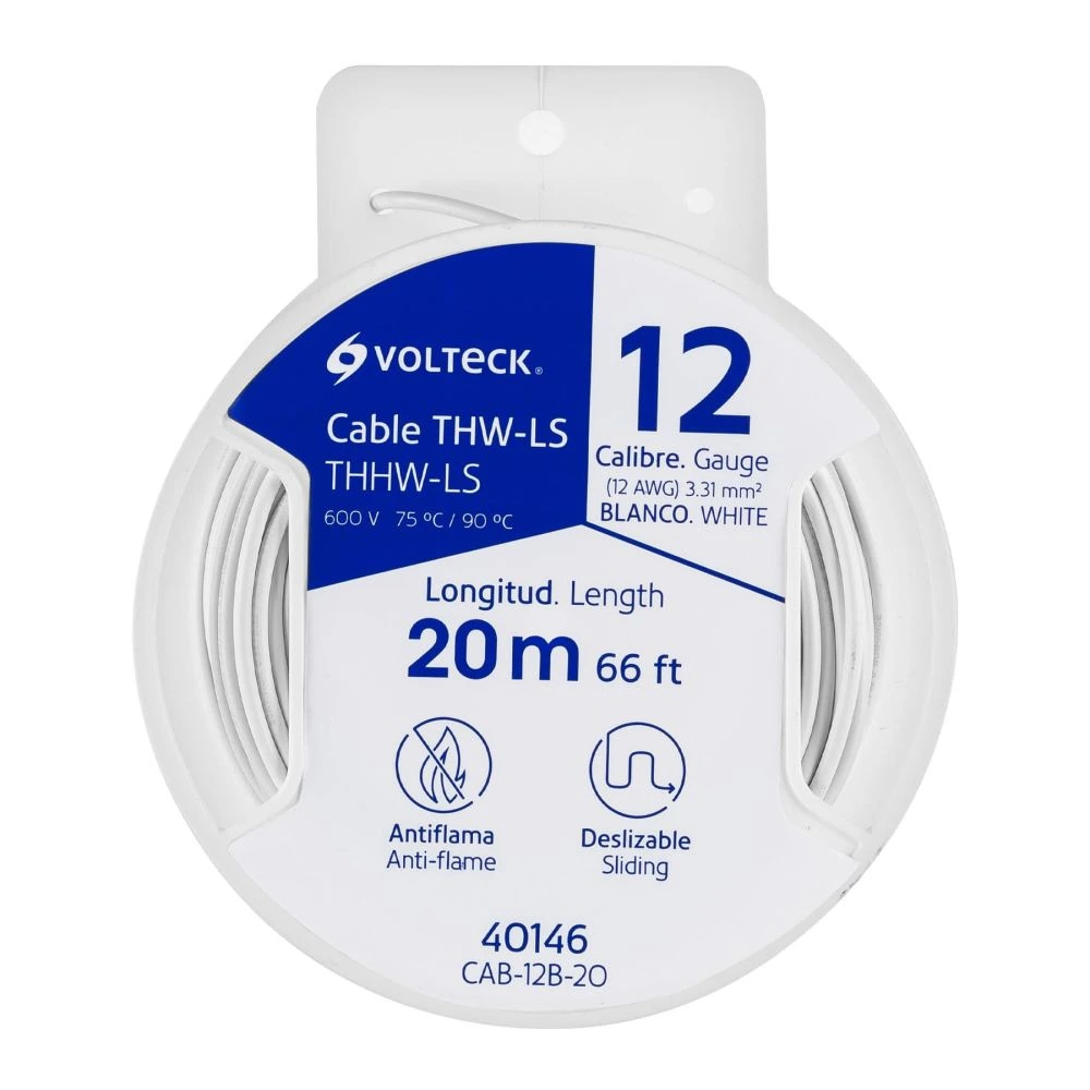 [CAB-12B-20] 40146 CARRETE CON 20 M DE CABLE THHW-LS 12 AWG BLANCO, VOLTECK