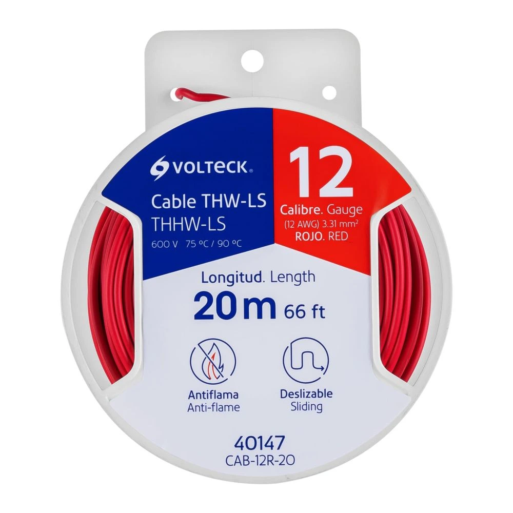40147 CARRETE CON 20 M DE CABLE THHW-LS 12 AWG ROJO, VOLTECK