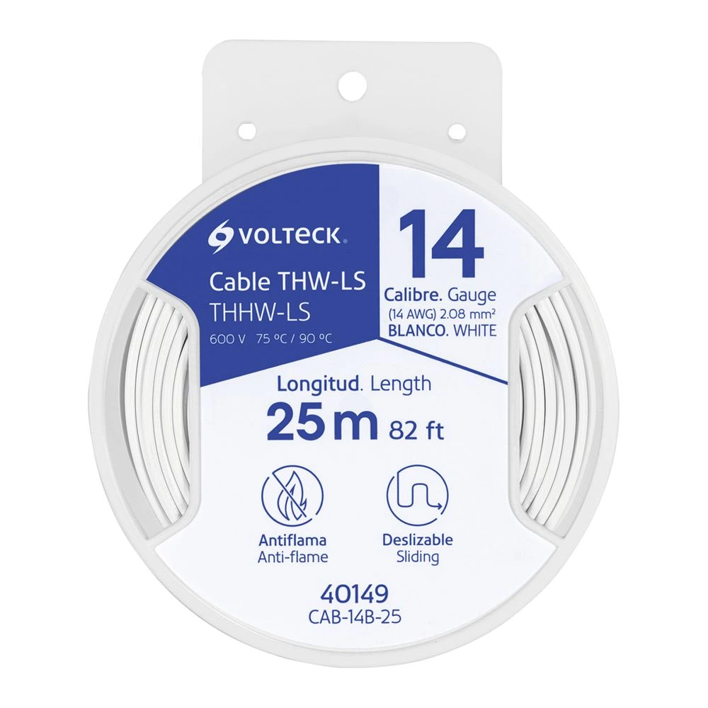 [CAB-14B-25] 40149 CARRETE CON 25 M DE CABLE THHW-LS 14 AWG BLANCO, VOLTECK