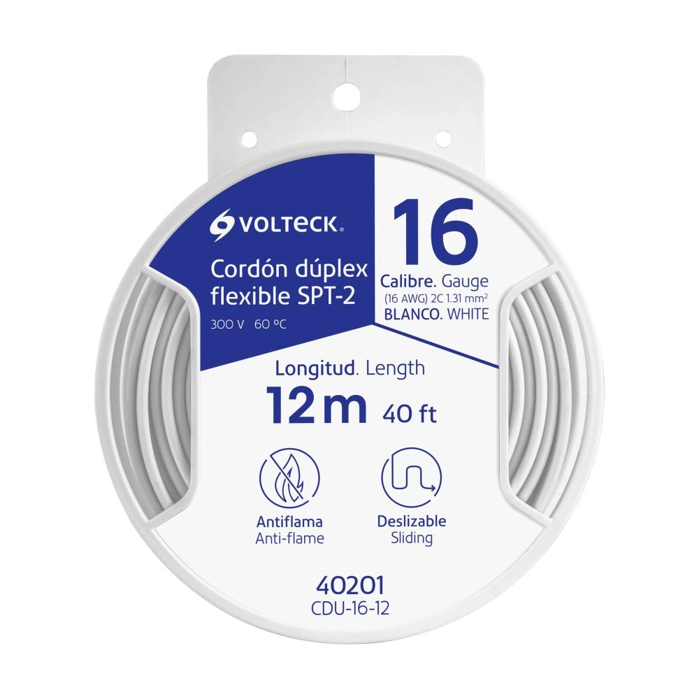 40201 CARRETE CON 12 M CORDÓN DÚPLEX FLEXIBLE SPT 16 AWG, VOLTECK