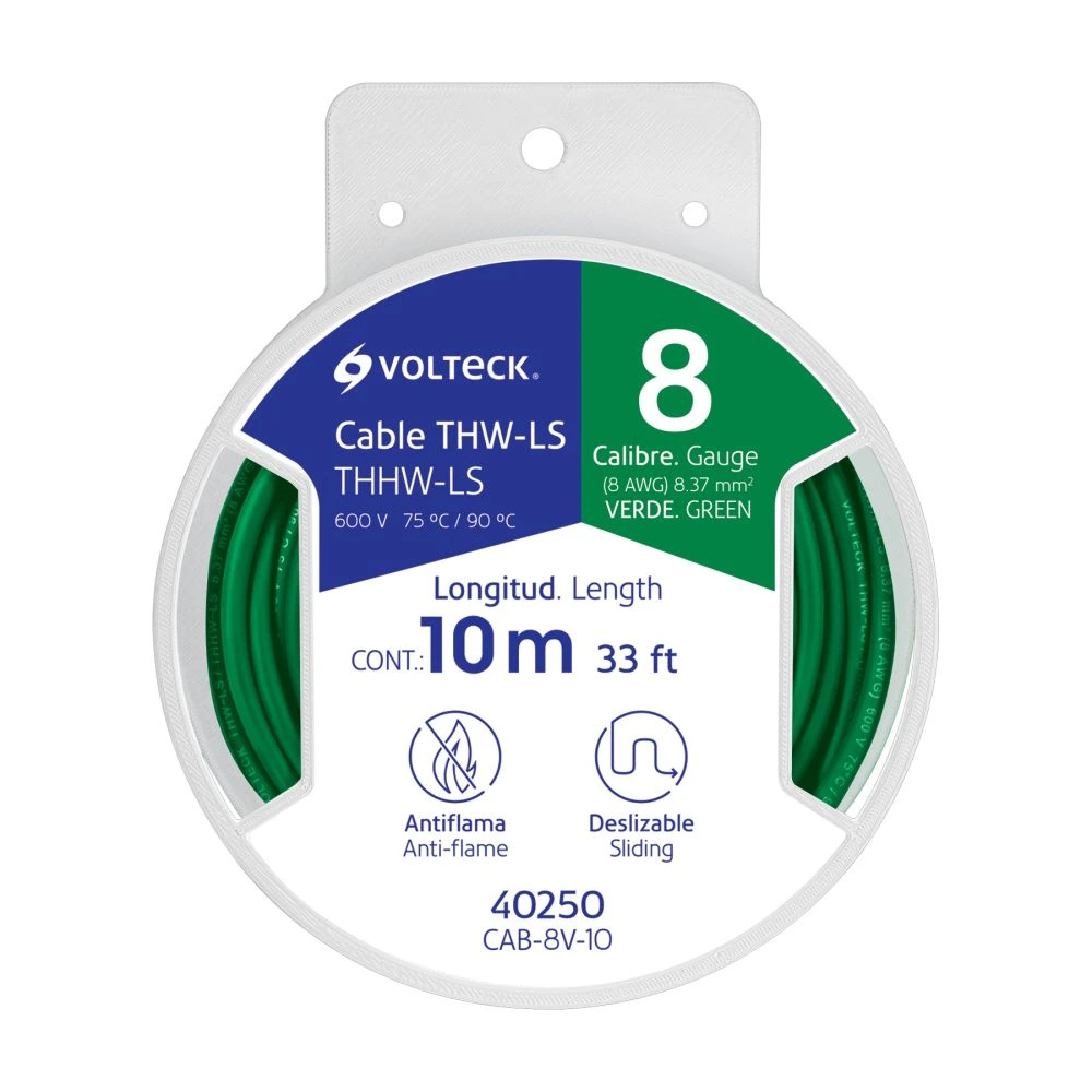 40250 CARRETE CON 10 M DE CABLE THHW-LS 8 AWG VERDE, VOLTECK