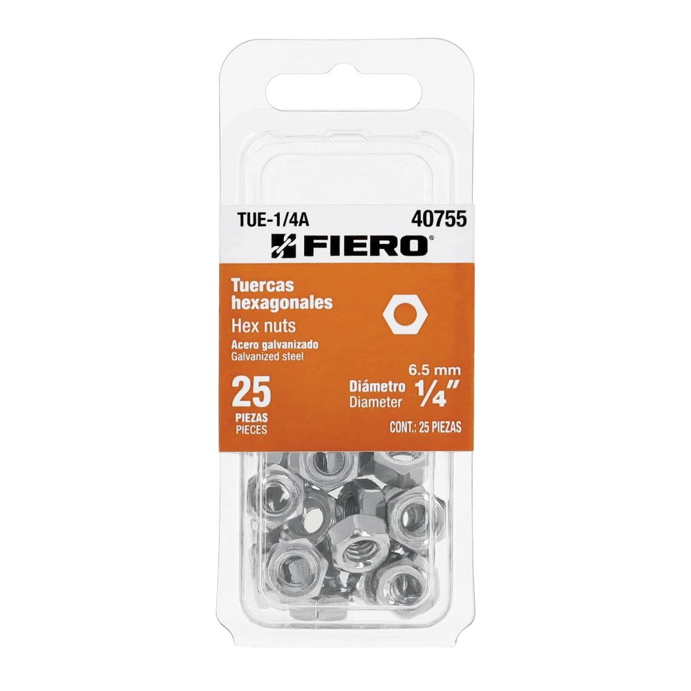 40755 BLÍSTER CON 25 TUERCAS 1/4' HEX DE ACERO GALVANIZADO, FIERO