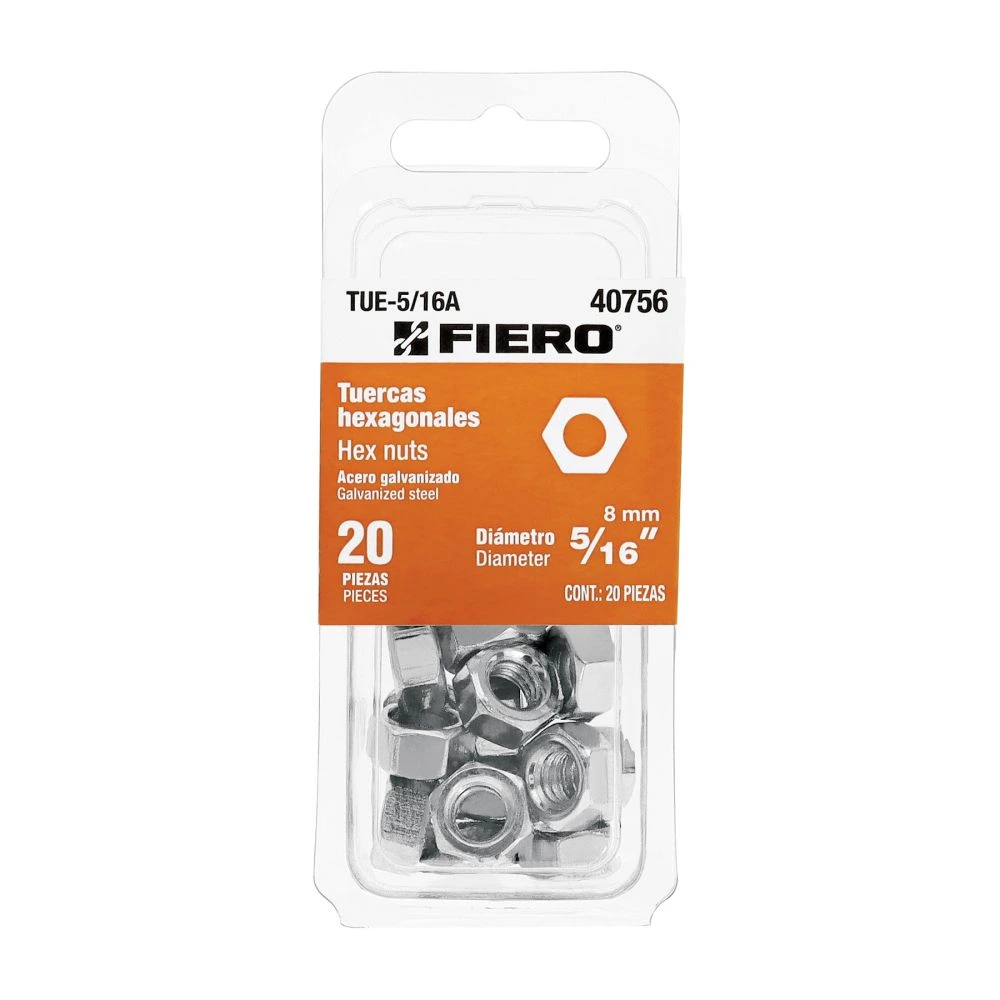 40756 BLÍSTER CON 20 TUERCAS 5/16' HEX DE ACERO GALVANIZADO, FIERO