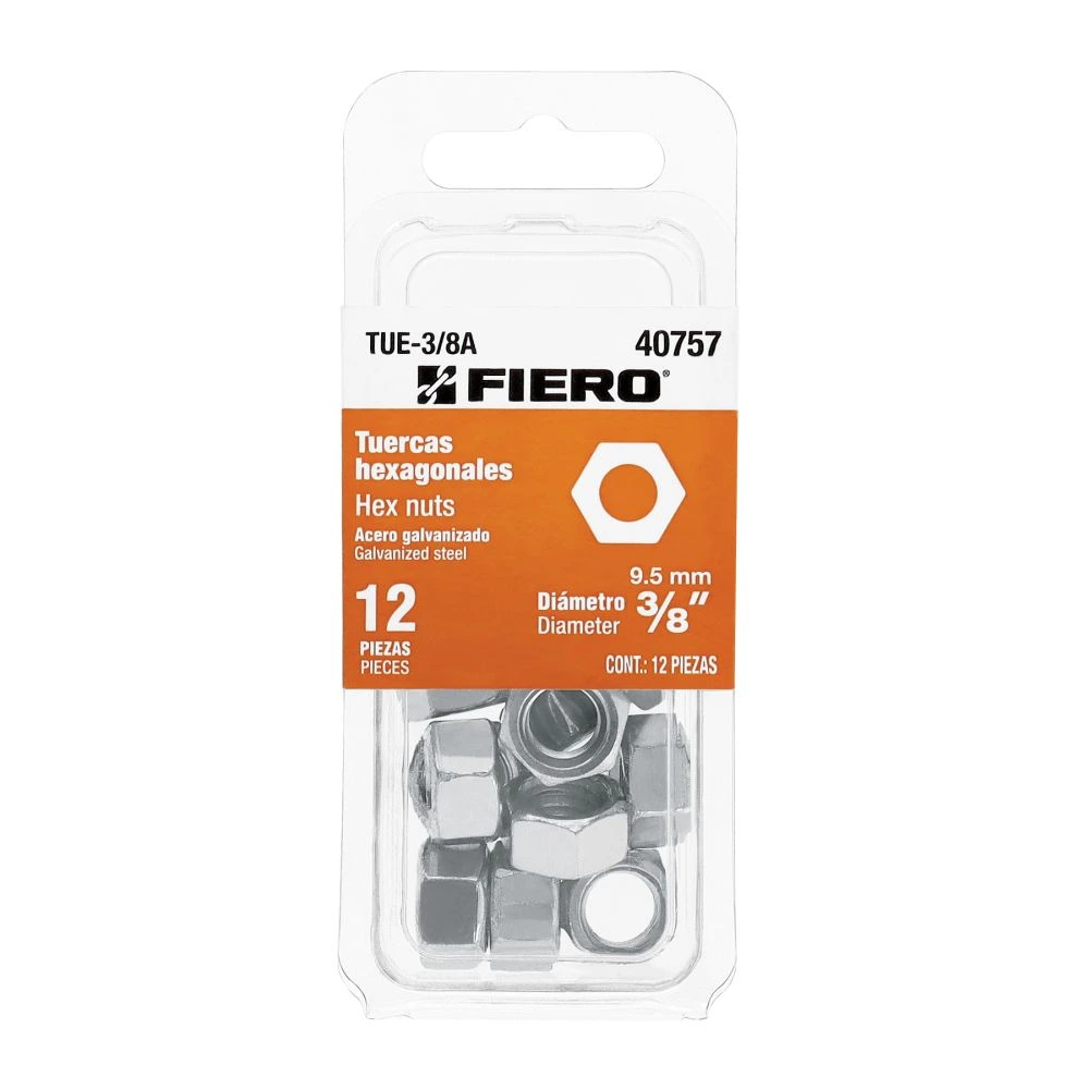 40757 BLÍSTER CON 12 TUERCAS 3/8' HEX DE ACERO GALVANIZADO, FIERO