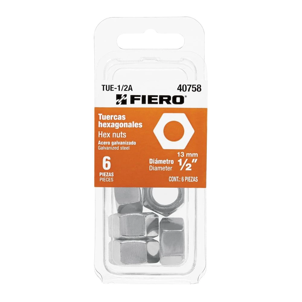 40758 BLÍSTER CON 6 TUERCAS 1/2' HEX DE ACERO GALVANIZADO, FIERO
