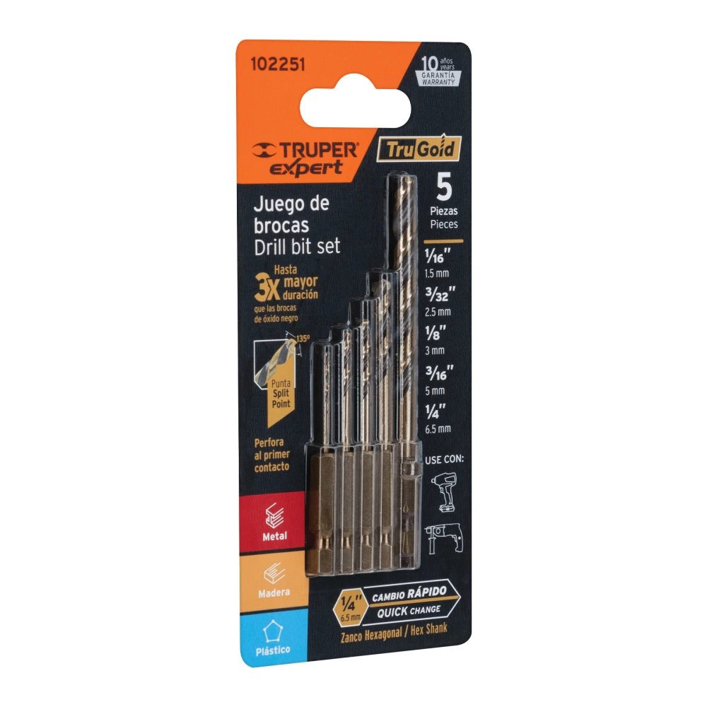 102251 JUEGO DE 5 BROCAS HSS PARA METAL ZANCO CAMBIO RÁPIDO, EXPERT