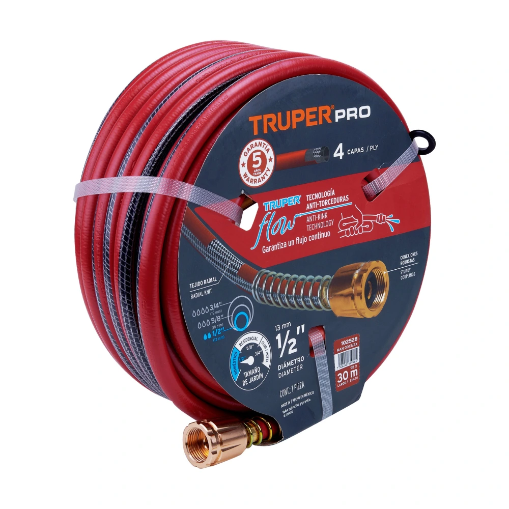 102528 MANGUERA 1/2' SUPER REFORZADA 4 CAPAS 30 M CONEXIONES METAL