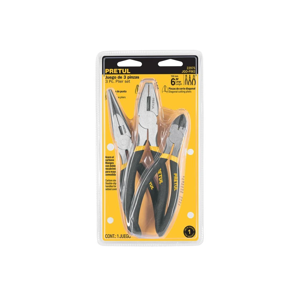 22975 JUEGO DE 3 PINZAS DE 6', MANGOS DE PVC, PRETUL