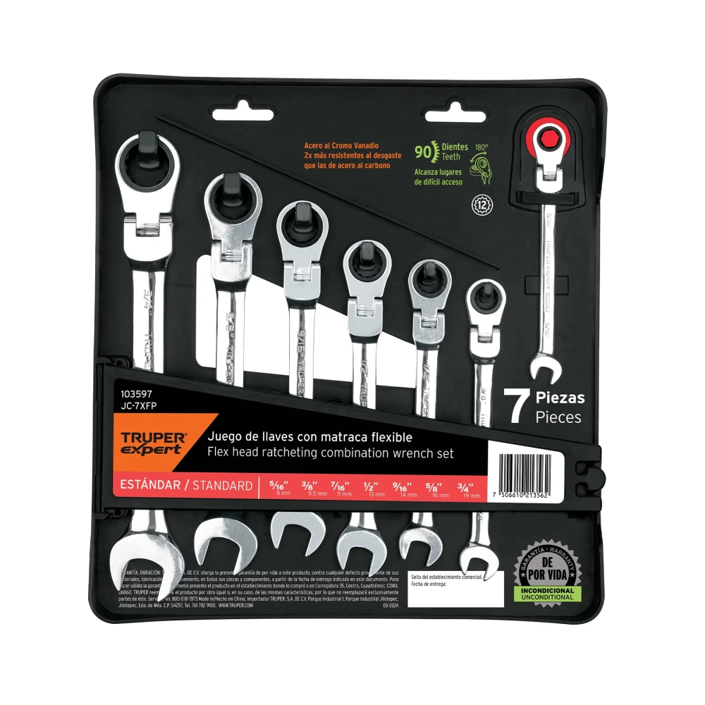 [JC-7XFP] 103597 JUEGO DE 7 LLAVES COMBINADAS STD CON MATRACA FLEXIBLE