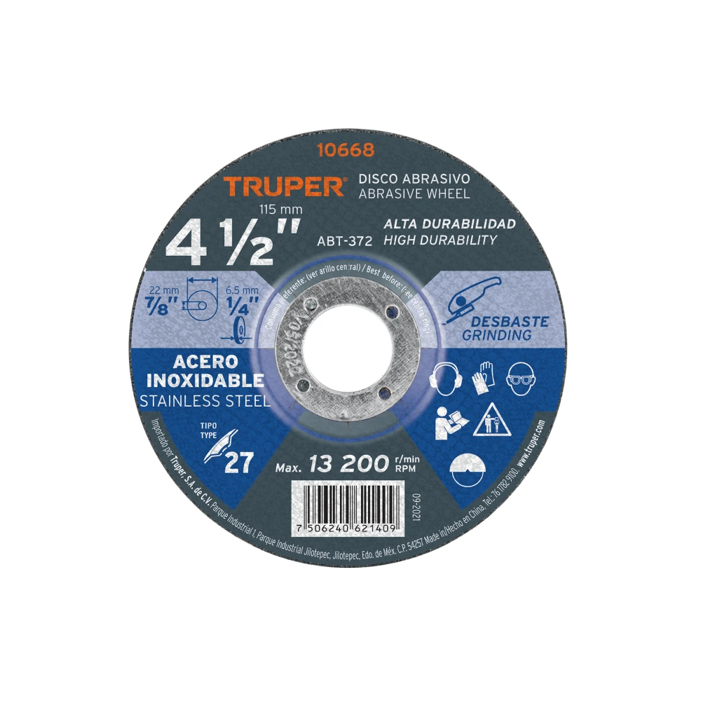10668 DISCO TIPO 27 DE 4-1/2' X 6.5 MM DESBASTE ACERO INOXIDABLE