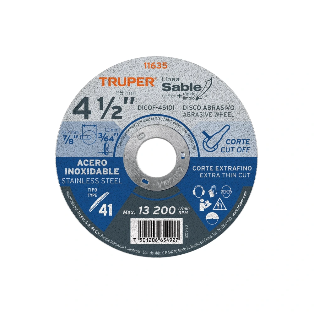[DICOF-4510I] 11635 DISCO ABRASIVO DE CORTE PRECISO ACERO INOX 4-1/2'X1MM TRUPER
