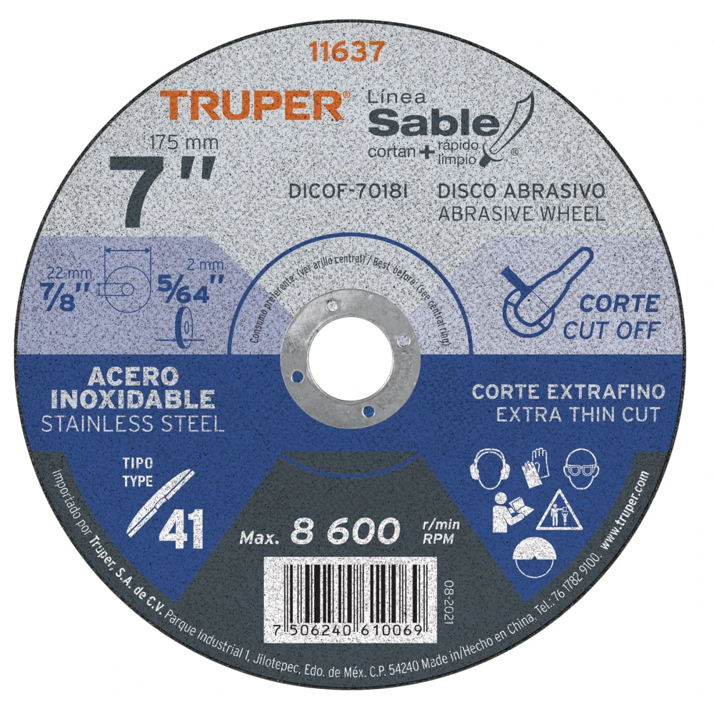 [DICOF-7018I] 11637 DISCO ABRASIVO DE CORTE PRECISO ACERO INOX 7' X 1.8MM TRUPER