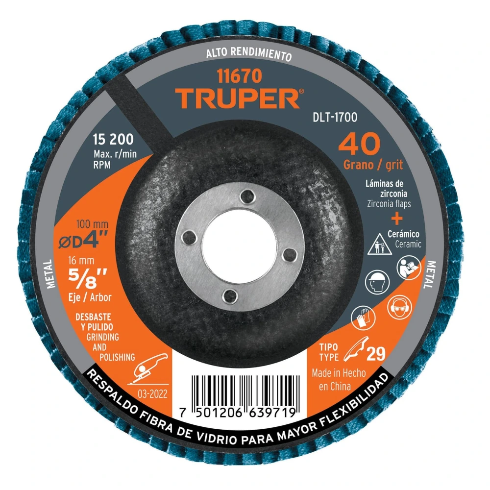 [DLT-1700] 11670 DISCO LAMINADO 4', GRANO 40 CENTRO 5/8', FIBRA, TRUPER