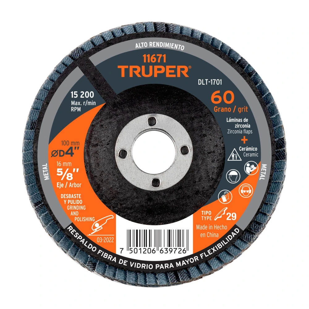 [DLT-1701] 11671 DISCO LAMINADO 4', GRANO 60 CENTRO 5/8', FIBRA, TRUPER
